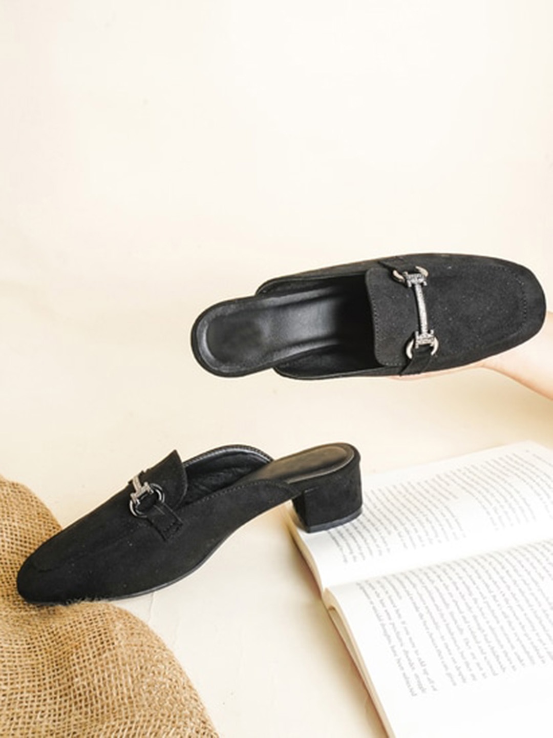 

Try Me Buckle Detail Suede Lightweight Block Heel Mules, Black