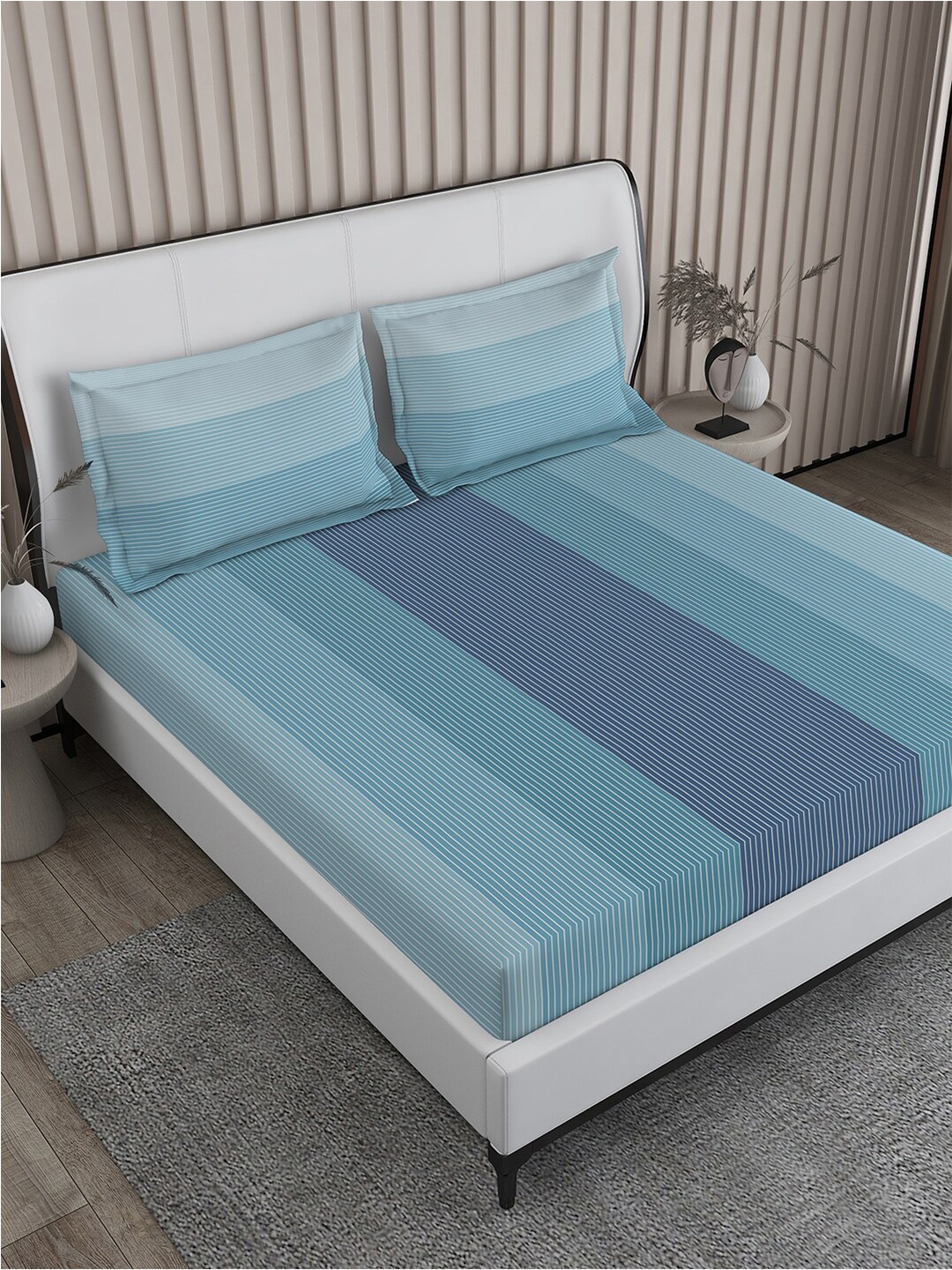 

Boutique Living India Baltic Blue Striped 220 TC Super King Bedsheet & 2 Pillow Covers