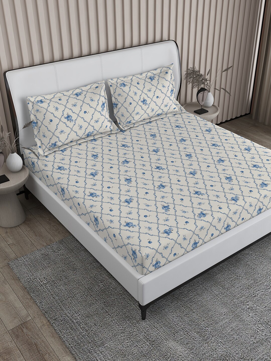 Boutique Living India Riviera Blue Floral Cotton 152 TC King Bedsheet with 2 Pillow Covers