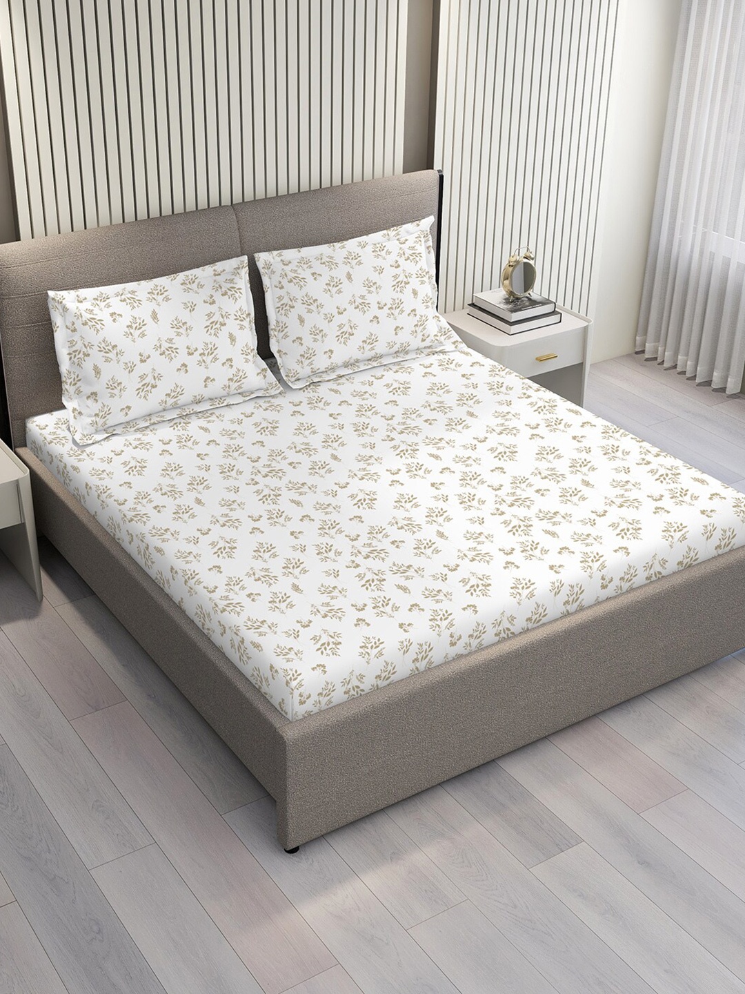 

Boutique Living India Cottage Garden Grey Cotton 300 TC Queen Bedsheet & Pillow Covers