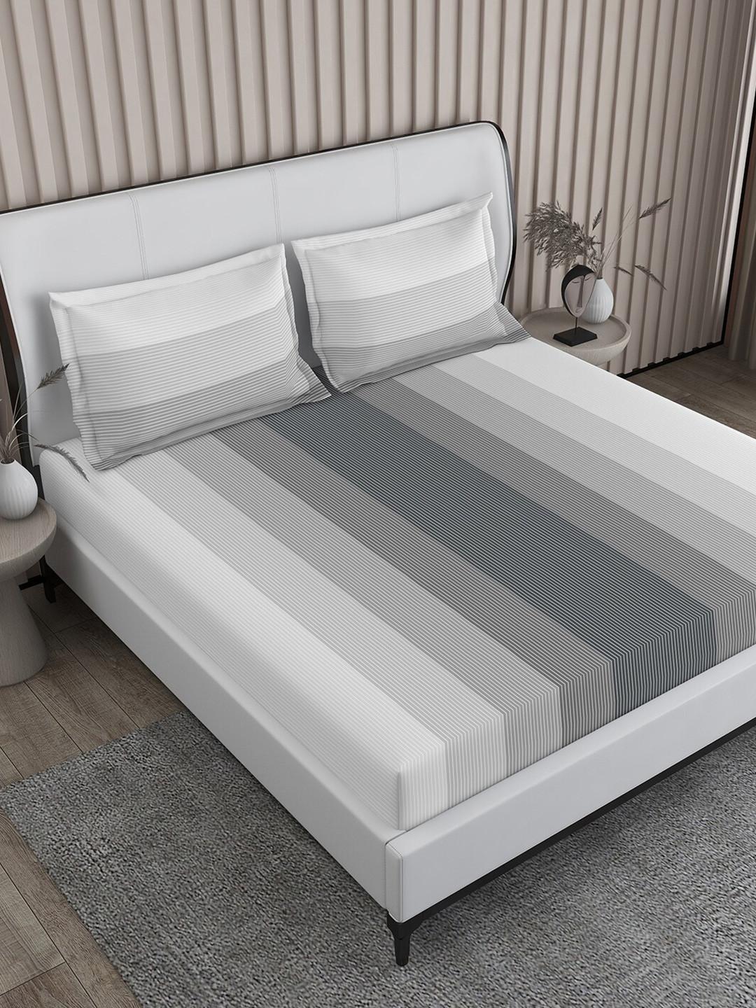 

Boutique Living India Baltic Grey Striped Cotton 224 TC King Bedsheet with 2 Pillow Covers