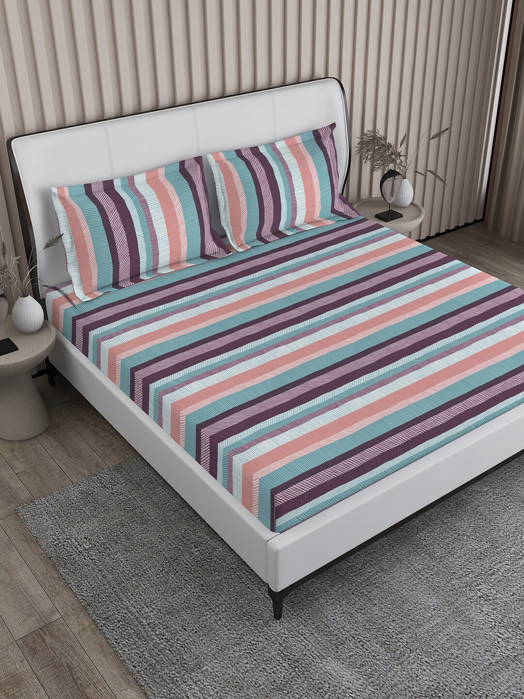 

Boutique Living India Iris Gaze Purple Striped Cotton 160 TC King Bedsheet & Pillow Covers
