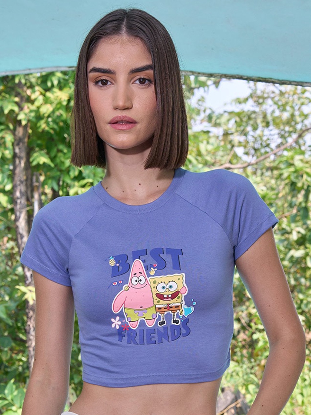 

Bonkers Corner Purple Sponge Bob Printed Raglan Sleeves Slim Fit Cotton Crop Tshirt