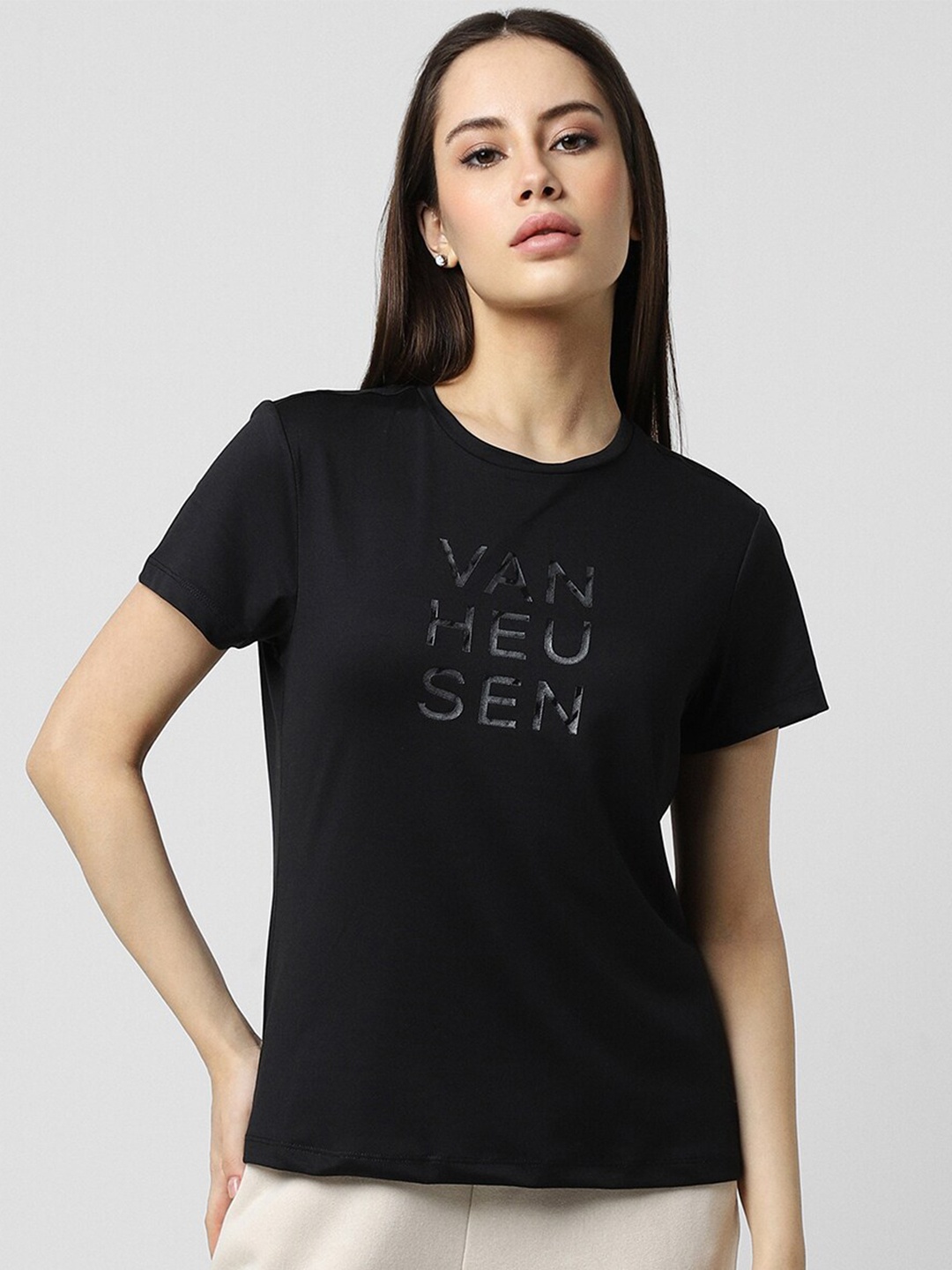 

Van Heusen Woman Brand Logo Printed T-shirt, Black