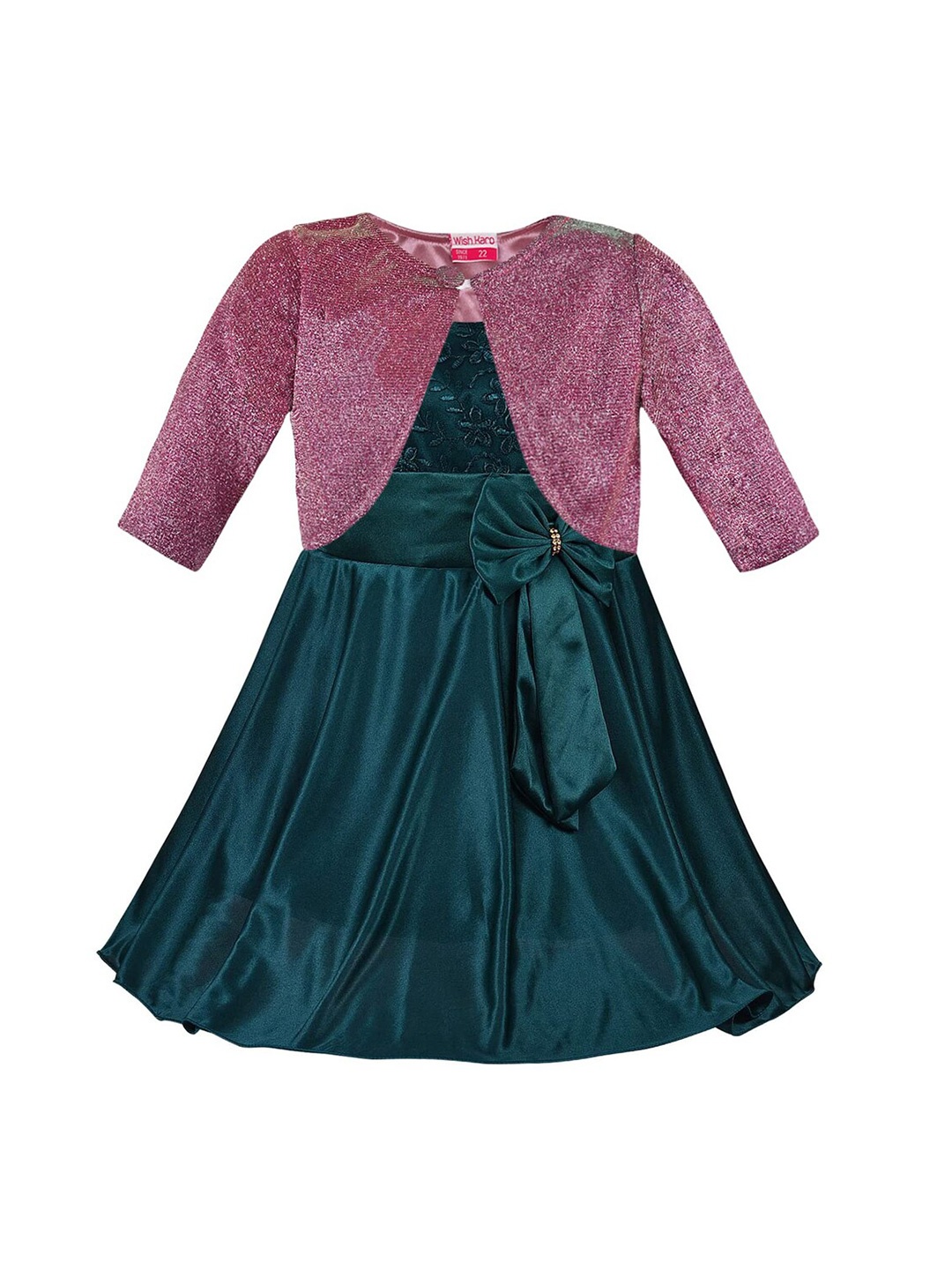 

Wish Karo Girls Floral Embroidered Bow Detailed Silk Fit & Flare Dress With Jacket, Green