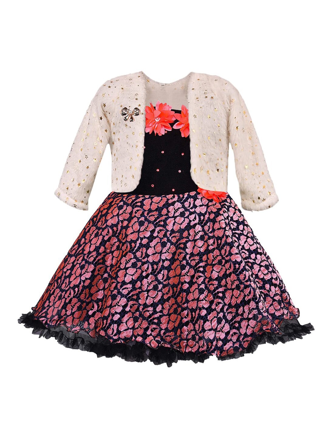 

Wish Karo Girls Self Design Fit & Flare Dress With Jacket, Black