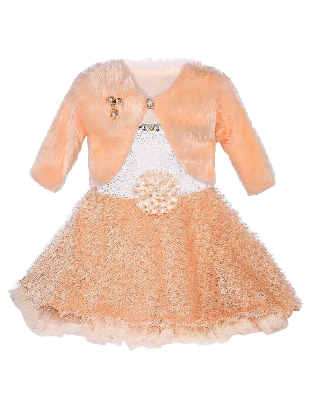 

Wish Karo Girls Self Design Fit & Flare Dress With Jacket, Peach