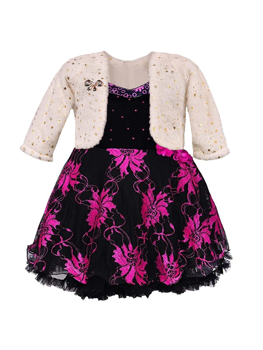 

Wish Karo Girls Self Design Fit & Flare Dress With Jacket, Black
