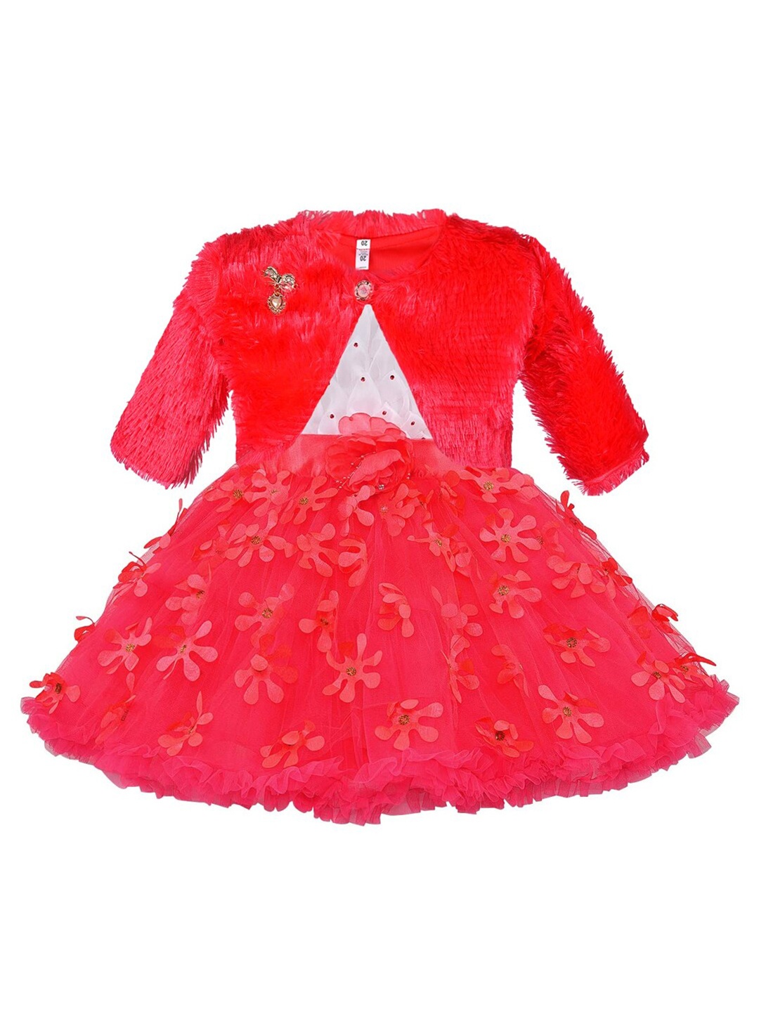 

Wish Karo Girls Floral Self Design Fit & Flare Dress With Jacket, Red