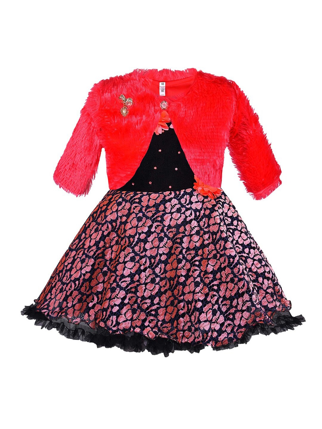 

Wish Karo Girls Floral Self Design Corsage Detailed Net Fit & Flare Dress With Jacket, Red