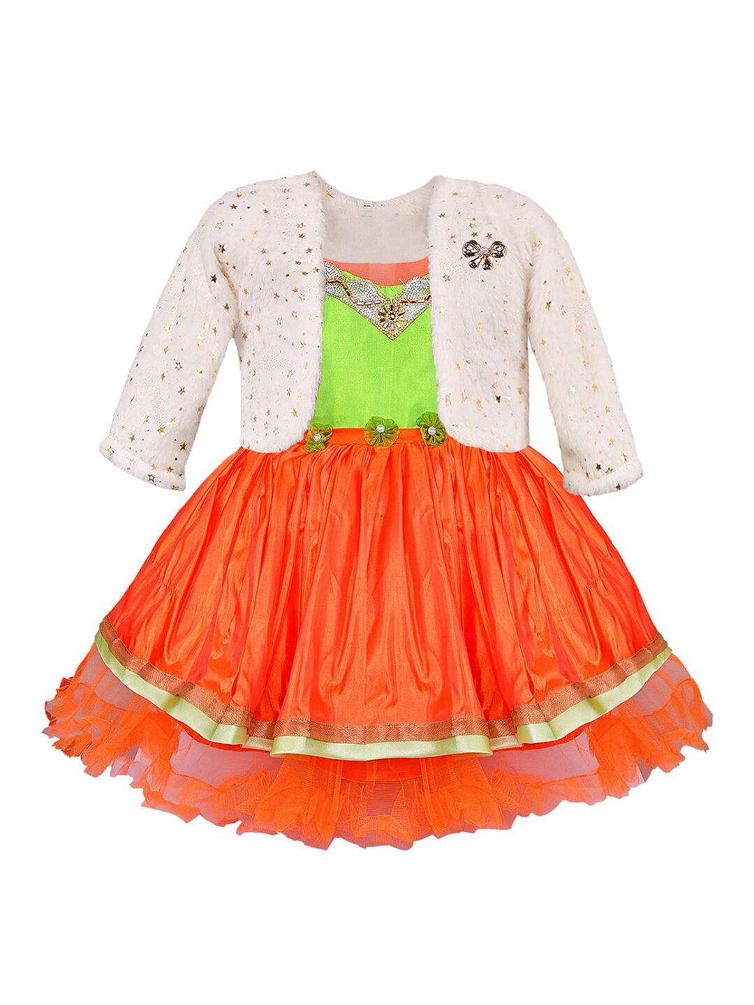 

Wish Karo Girls Colourblocked Fit & Flare Dress With Jacket, Orange