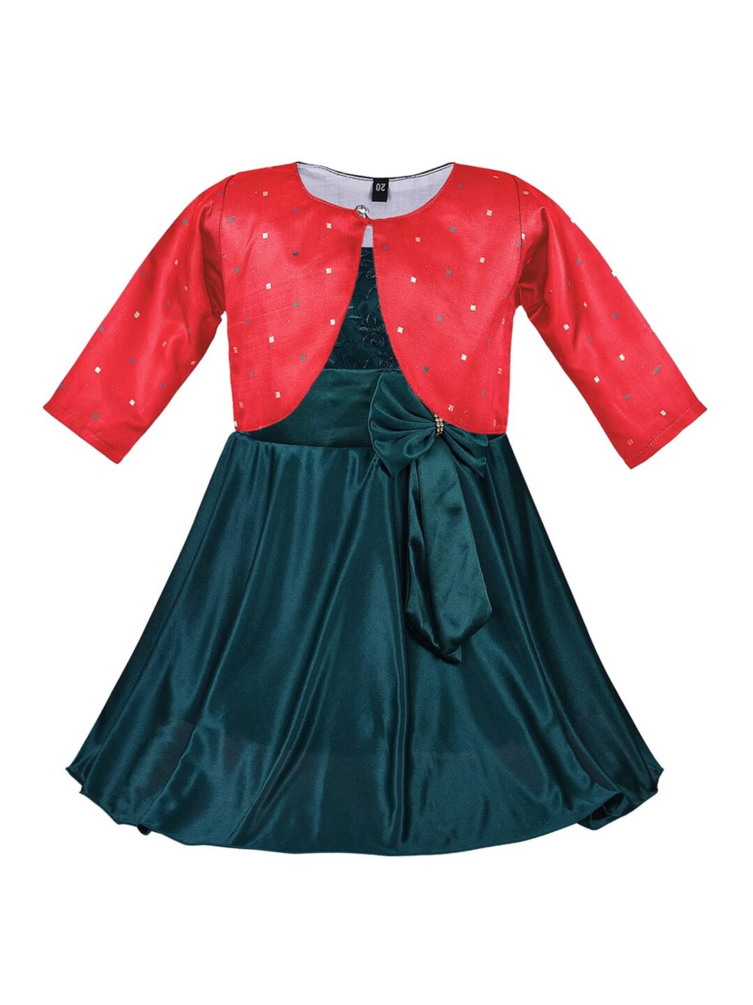 

Wish Karo Girls Floral Embroidered Bow Detailed Silk Fit & Flare Dress With Jacket, Green