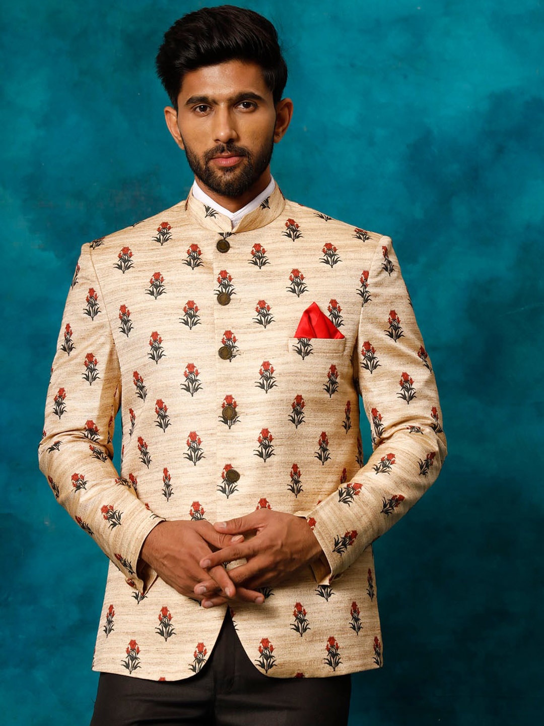 

VASTRAMAY Floral Printed Mandarin Collar Long Sleeve Slim Fit Bandhgala Blazer, Beige