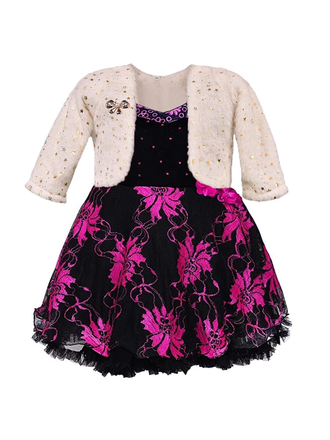 

Wish Karo Girls Floral Embroidered Net Fit & Flare Dress With Jacket, Black