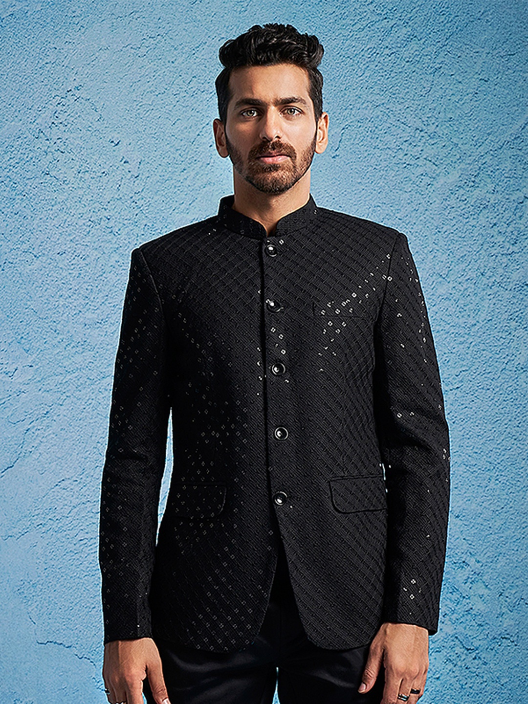 

VASTRAMAY Self Design Sequined Slim Fit Bandhgala Jodhpuri Blazer, Black
