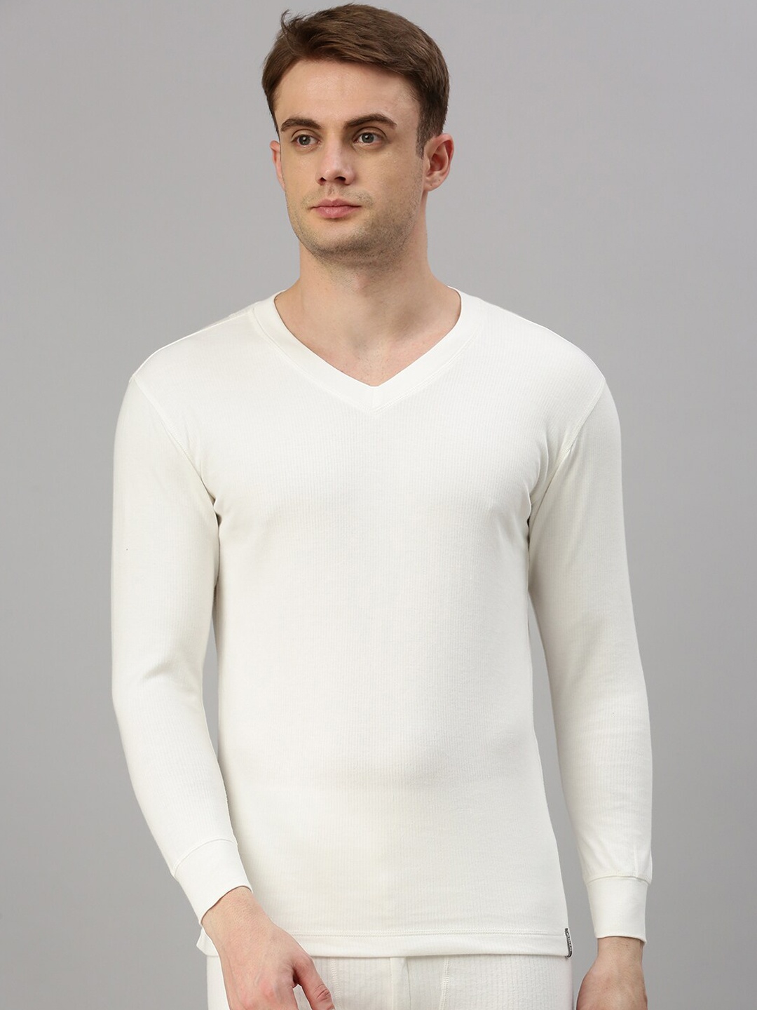 

Zoiro Ribbed V-Neck Long Sleeves Thermal Top, White