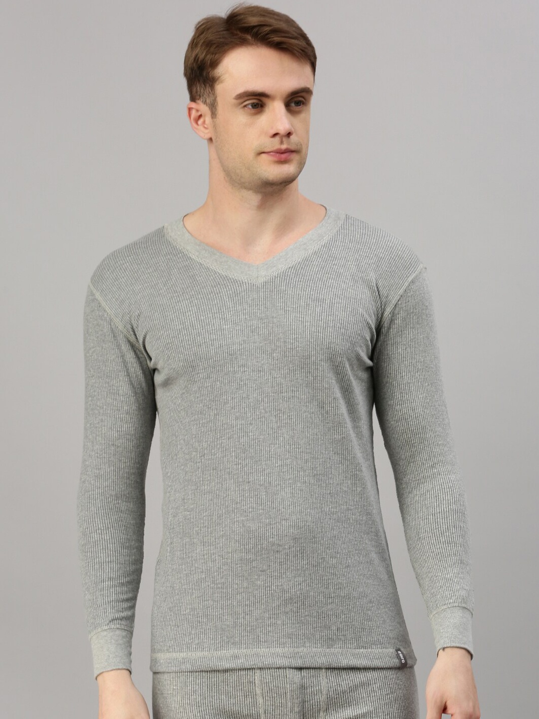 

Zoiro Ribbed V-Neck Long Sleeves Thermal Top, Grey melange