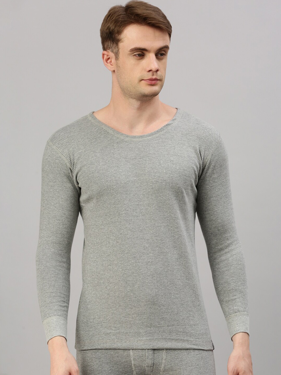 

Zoiro Ribbed Round Neck Long Sleeves Thermal Tops, Grey melange