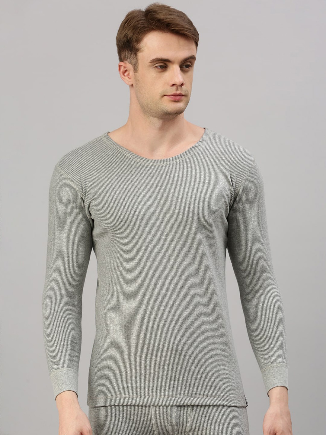 

Zoiro Ribbed Round Neck Long Sleeves Thermal Tops, Grey melange