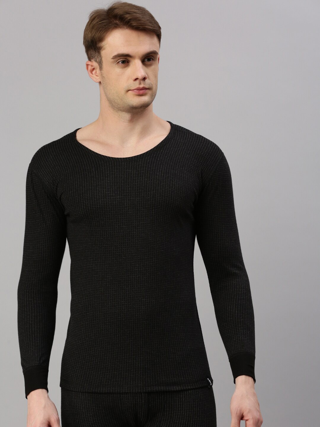 

Zoiro Ribbed Round Neck Long Sleeves Thermal Tops, Black