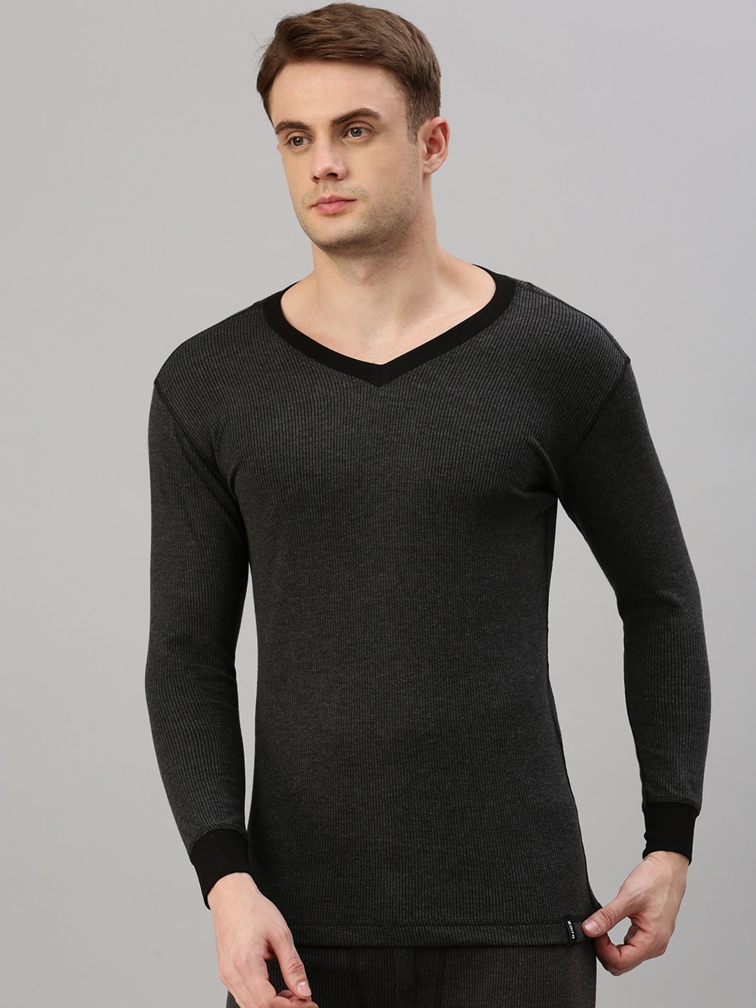 

Zoiro Ribbed V-Neck Long Sleeves Thermal Tops, Charcoal