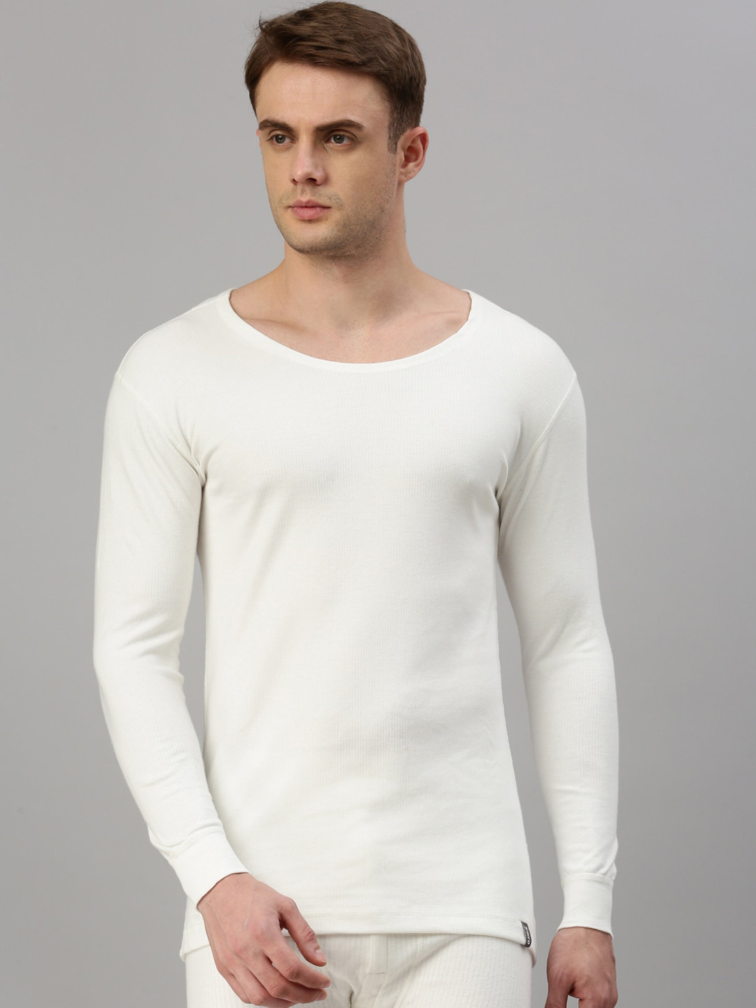 

Zoiro Ribbed Round Neck Long Sleeves Thermal Tops, White