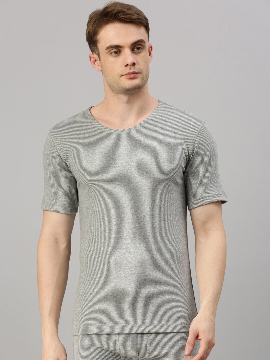 

Zoiro Ribbed Round Neck Cotton Thermal Vests, Grey melange