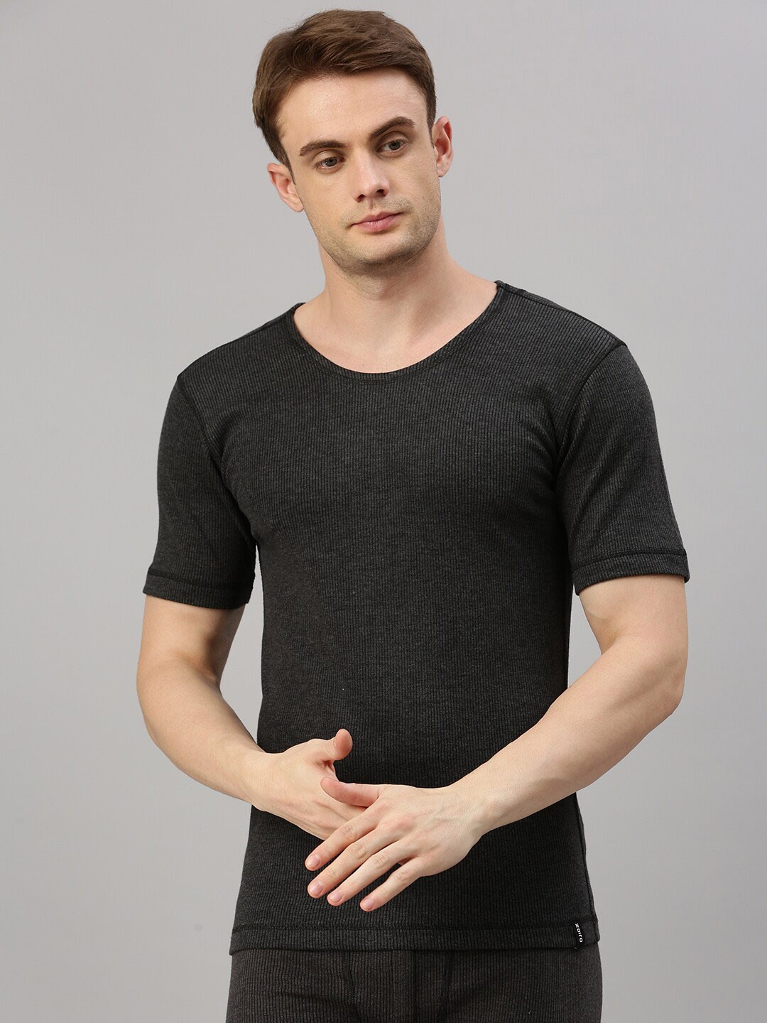 

Zoiro Ribbed Round Neck Cotton Thermal Vests, Charcoal