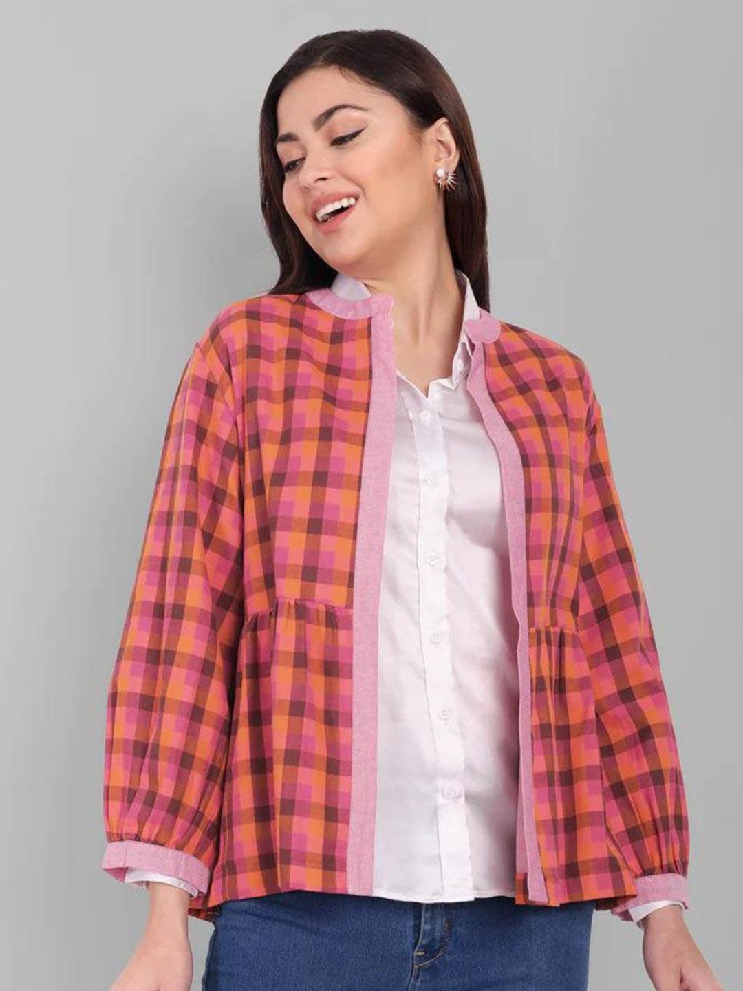 

Mera Rang Checked Cotton Open Front Shrug, Pink