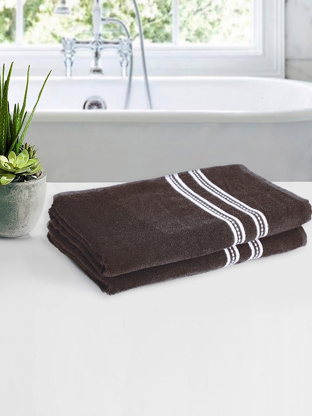 

ROMEE Coffee Brown 2 Pieces Striped Cotton 500 GSM Microfiber Bath Towels