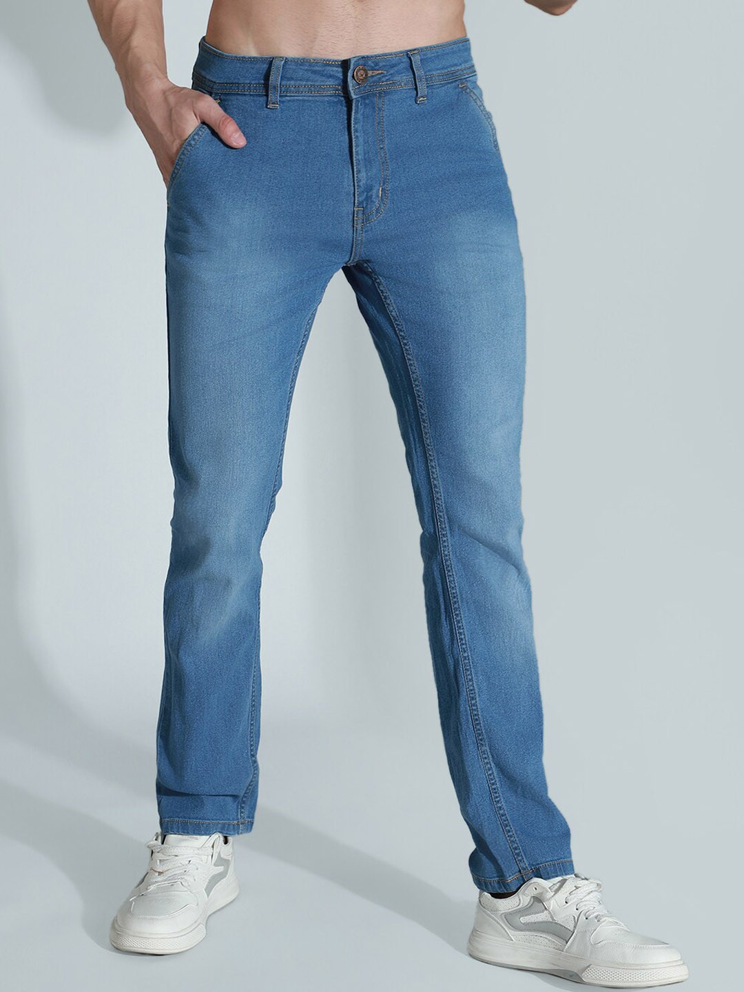 

High Star Men Slim Fit Mid-Rise Clean Look Light Fade Stretchable Jeans, Blue