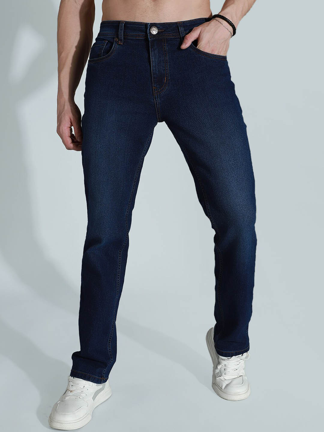 

High Star Men Slim Fit Mid-Rise Clean Look Light Fade Stretchable Jeans, Blue