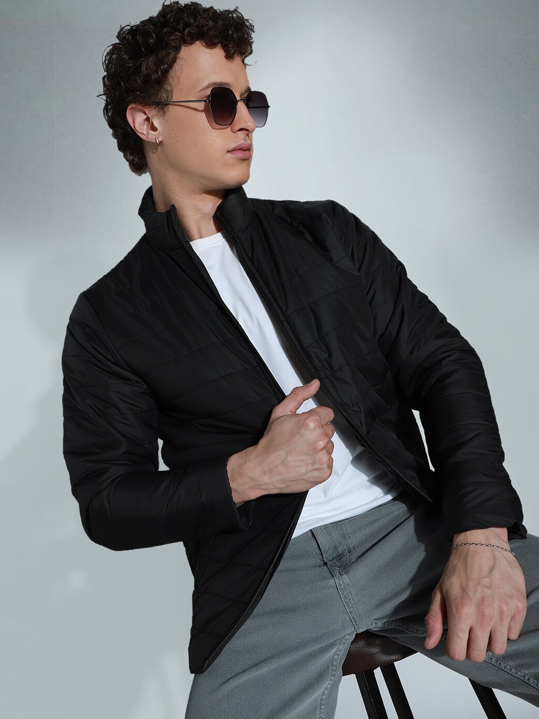 

High Star Mock Collar Long Sleeves Cotton Padded Jacket, Black