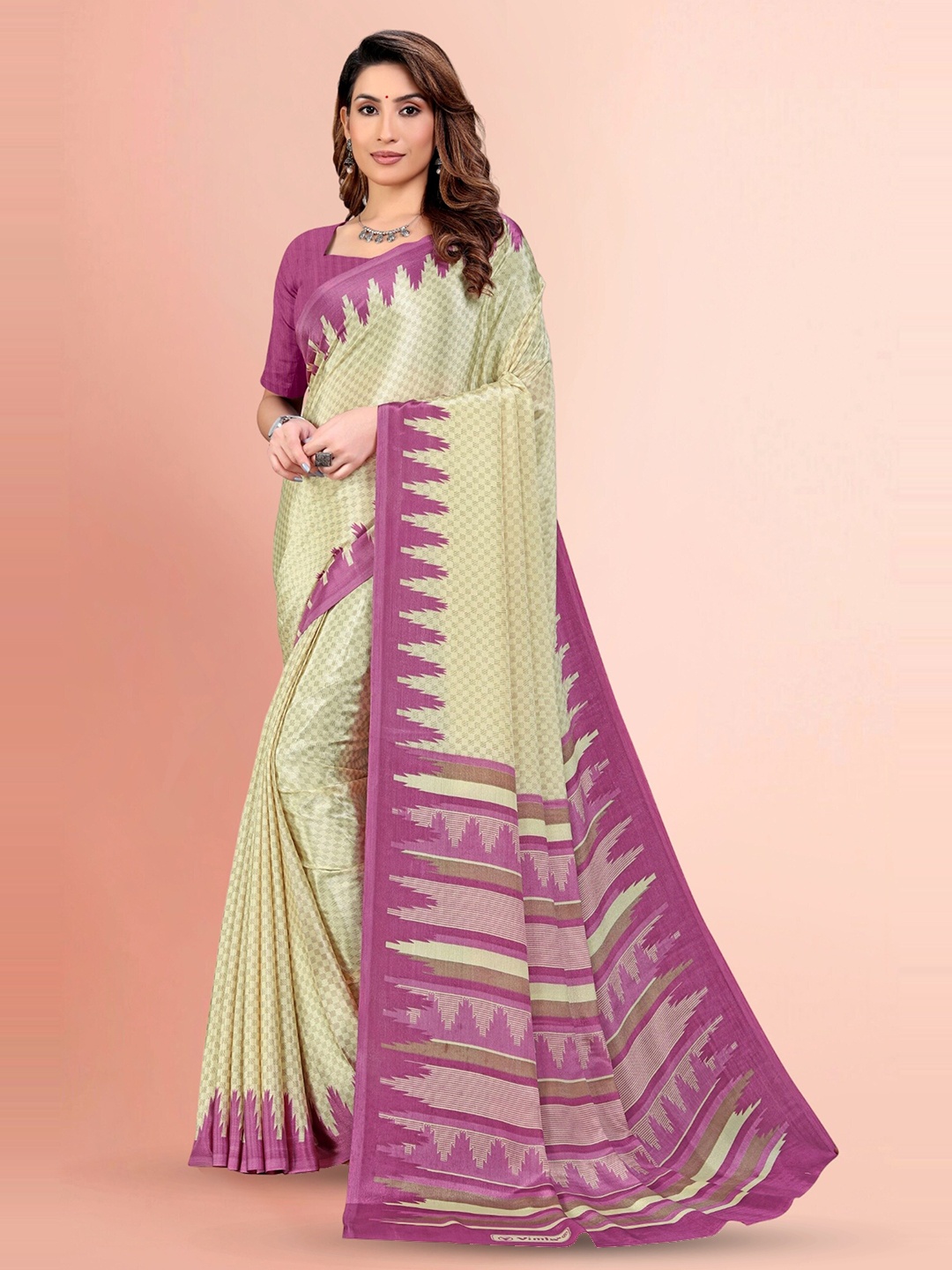 

VIMLA Geometric Printed Mysore Silk Saree, Beige