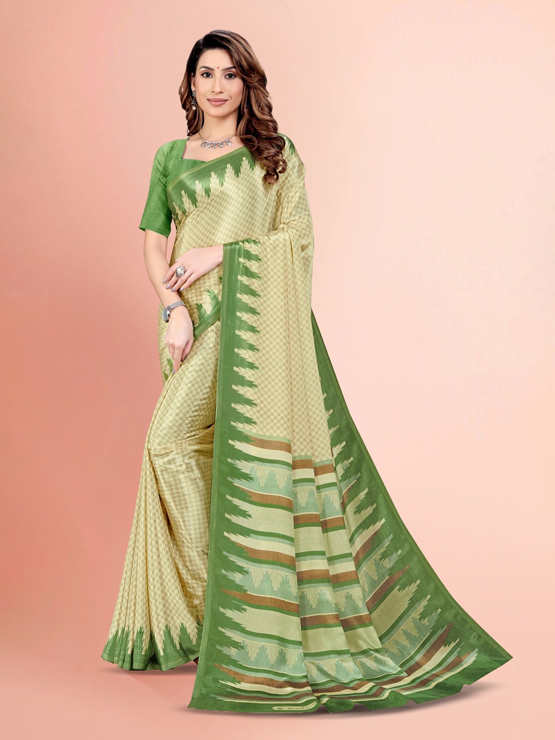 

VIMLA Geometric Printed Mysore Silk Saree, Green