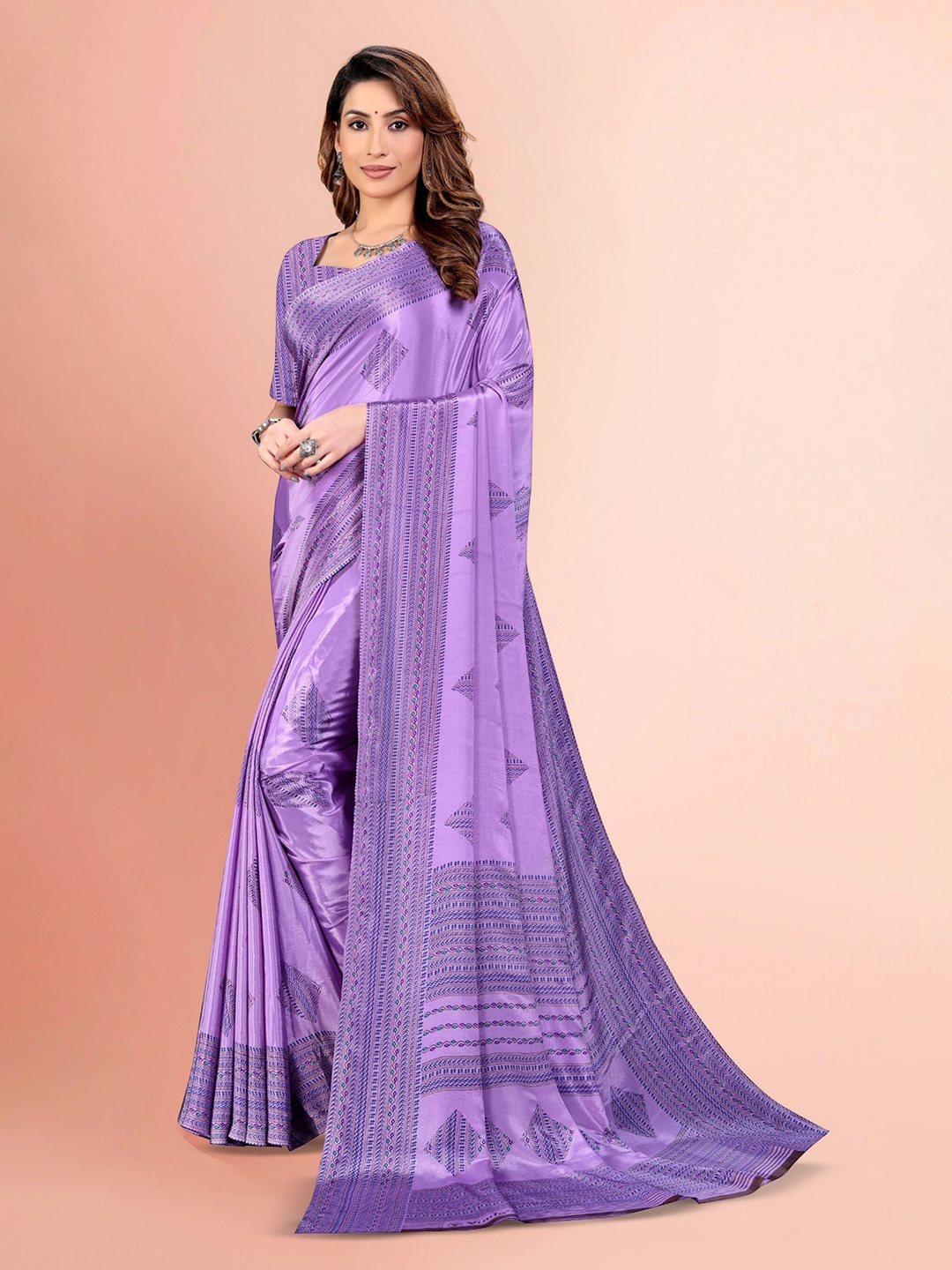 

VIMLA Geometric Printed Art Silk Mysore Silk Saree, Purple