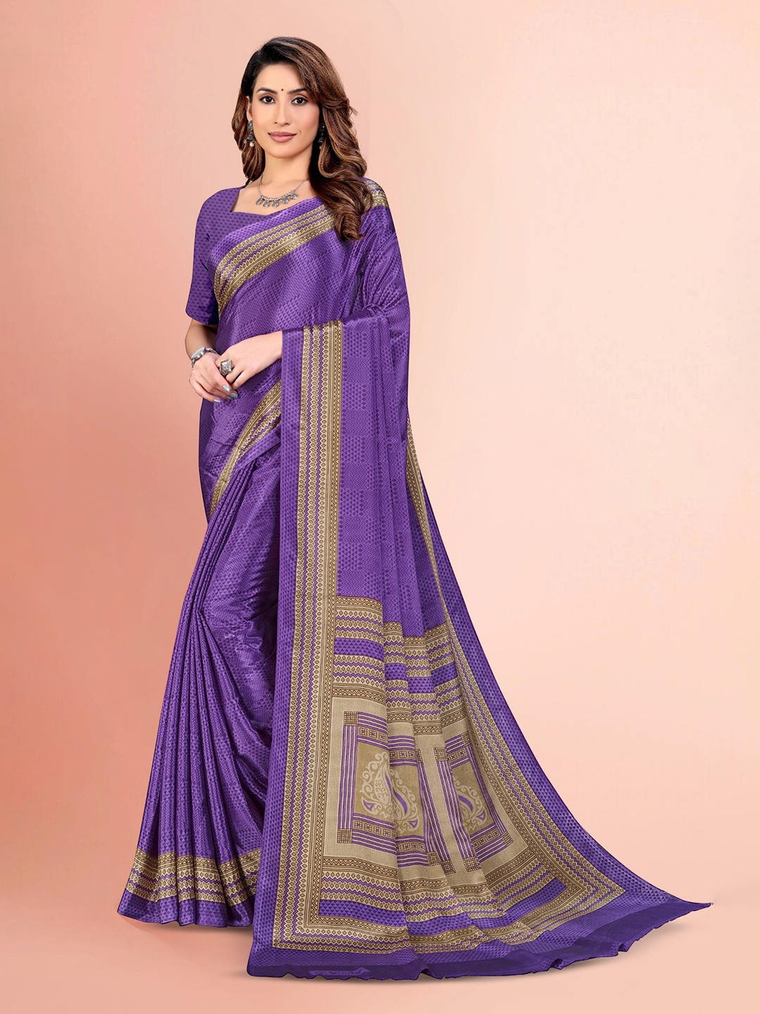 

VIMLA Geometric Printed Art Silk Mysore Silk Saree, Purple