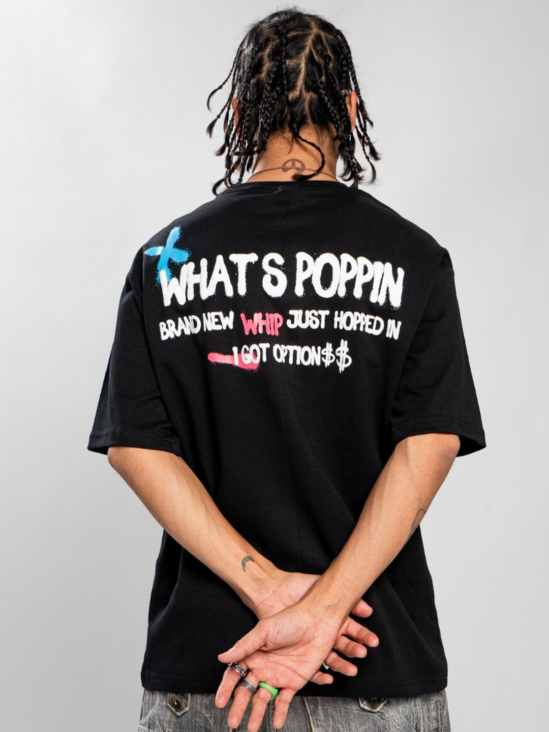 

Main Character India Typography Printed Cotton Oversized T-shirt, Black