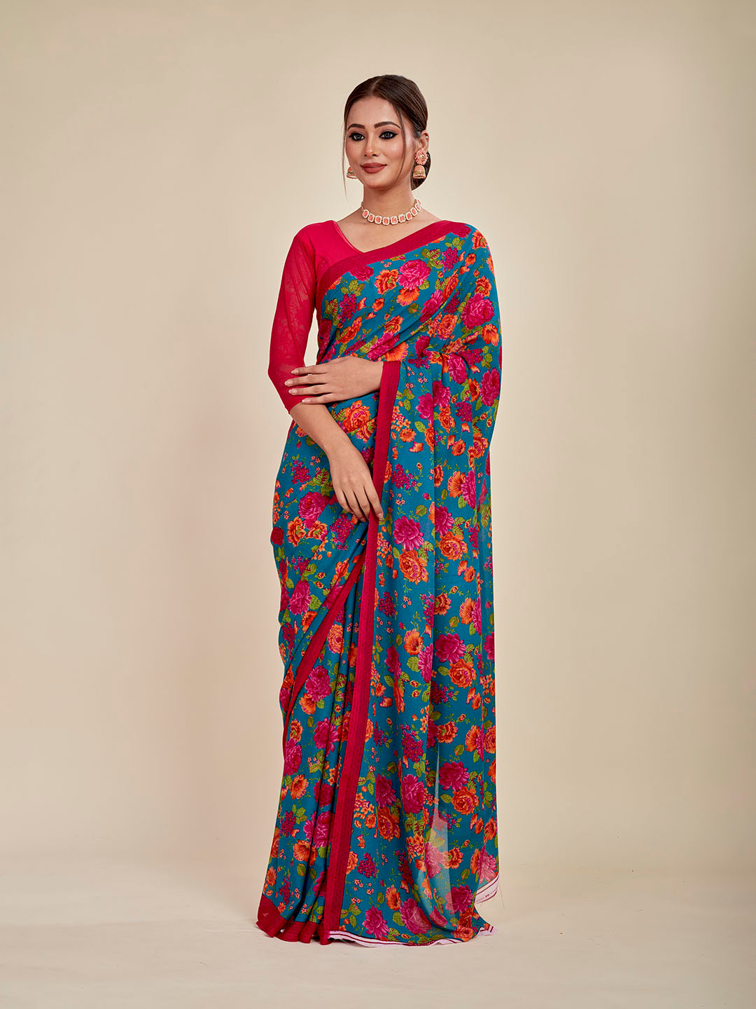 

MAHALASA Ethnic Motifs Printed Pure Georgette Saree, Beige