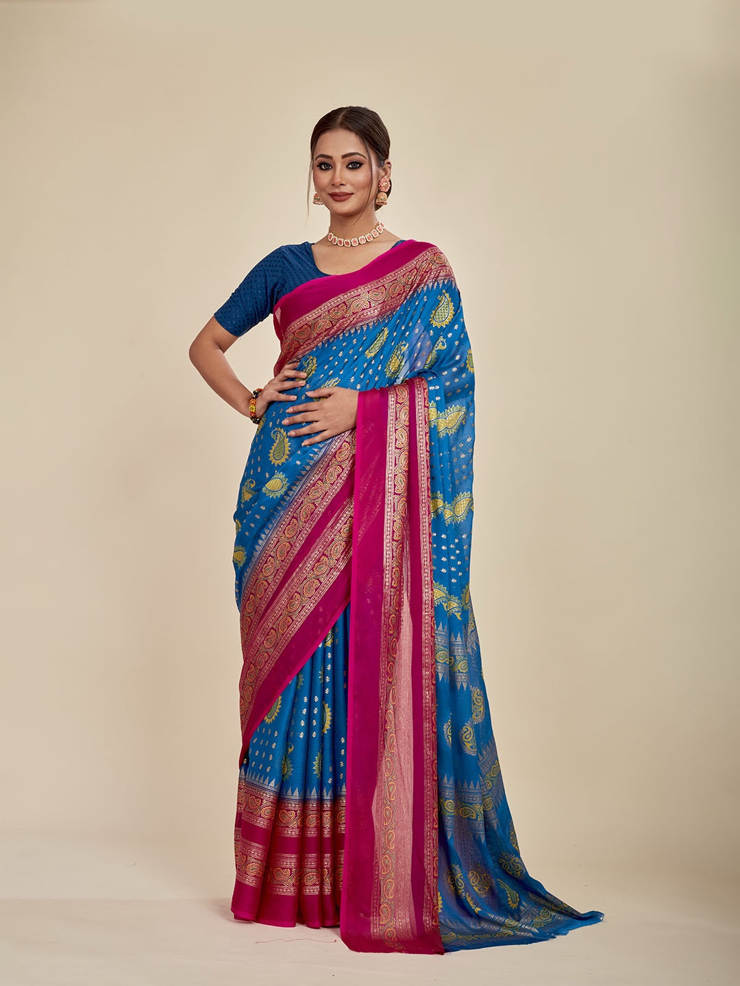 

MAHALASA Ethnic Motifs Printed Pure Chiffon Saree, Blue