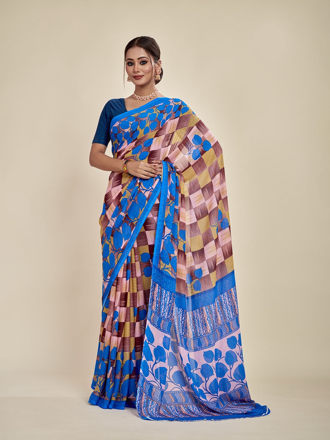 

MAHALASA Floral Printed Pure Georgette Saree, Blue