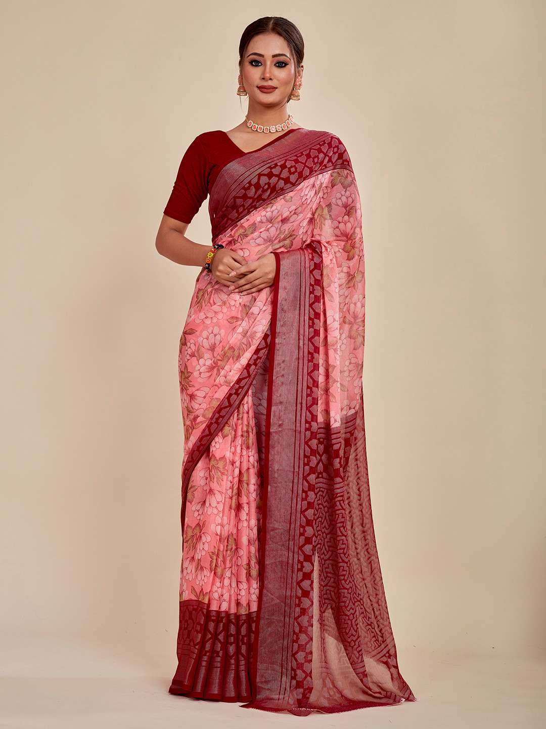 

MAHALASA Geometric Printed Pure Chiffon Saree, Maroon