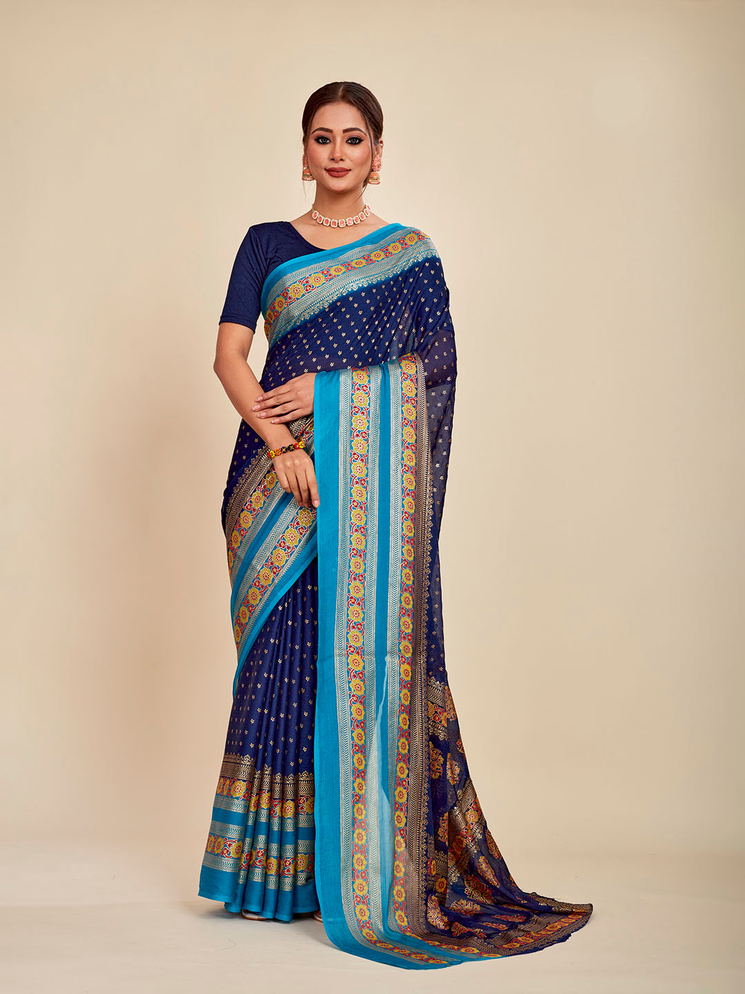 

MAHALASA Floral Printed Pure Chiffon Saree, Blue