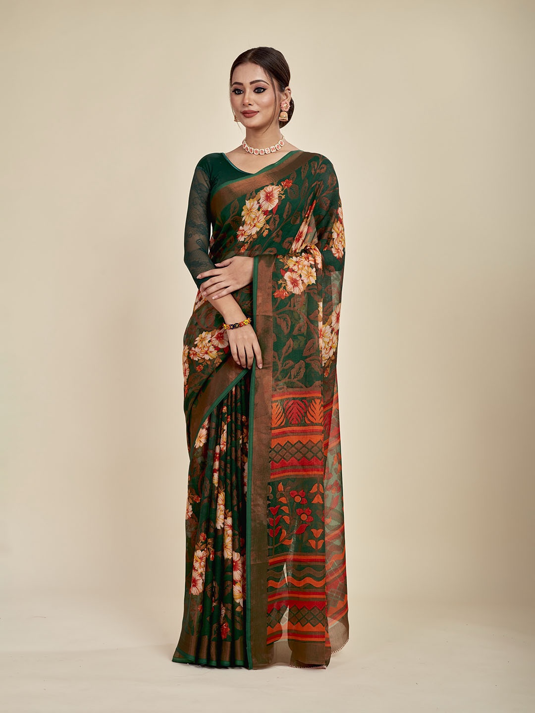 

MAHALASA Floral Printed Pure Chiffon Saree, Green