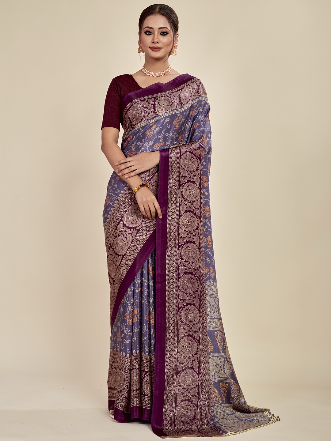 

MAHALASA Floral Printed Zari Border Saree, Purple