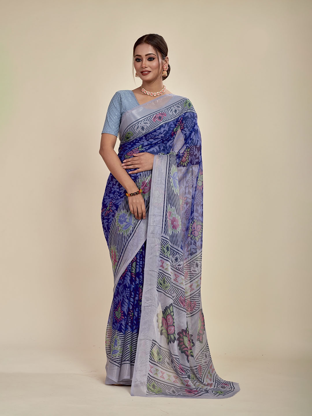 

MAHALASA Floral Printed Pure Chiffon Saree, Purple