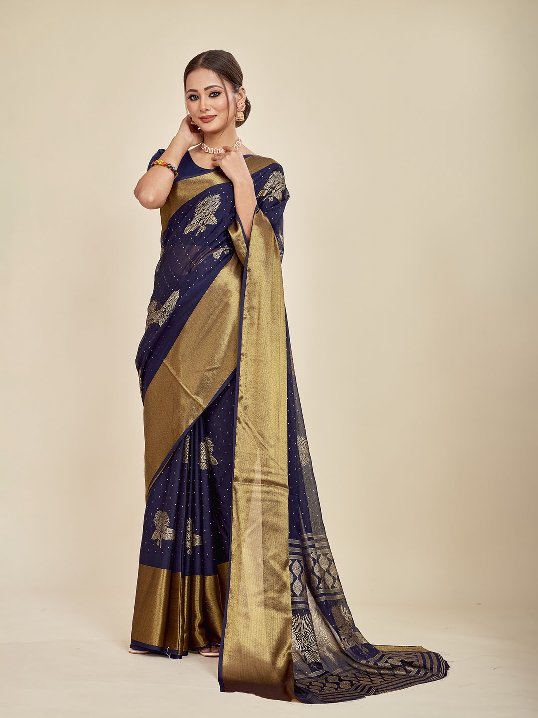 

MAHALASA Geometric Printed Pure Chiffon Saree, Blue