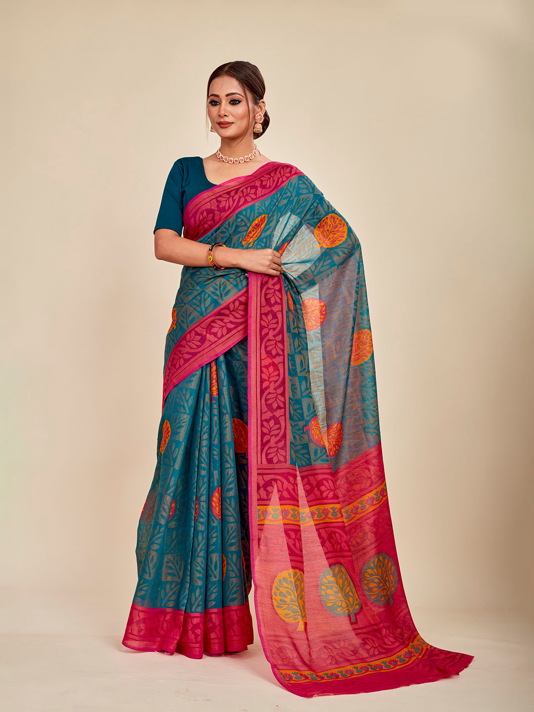

MAHALASA Ethnic Motifs Printed Pure Cotton Saree, Pink