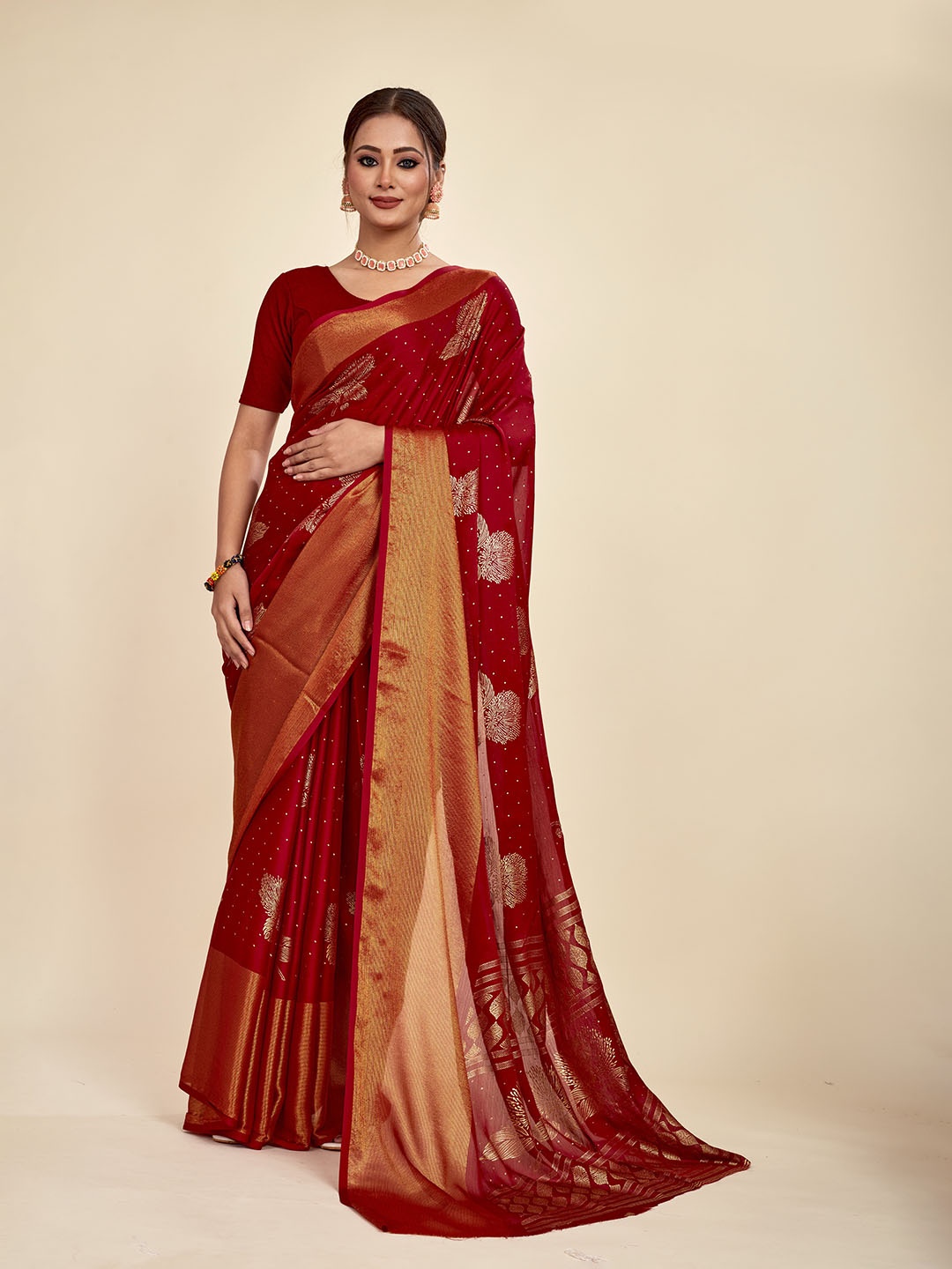 

MAHALASA Ethnic Motifs Printed Pure Chiffon Saree, Green