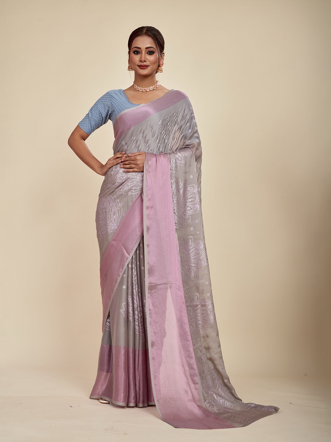 

MAHALASA Ethnic Motifs Printed Pure Chiffon Saree, Grey